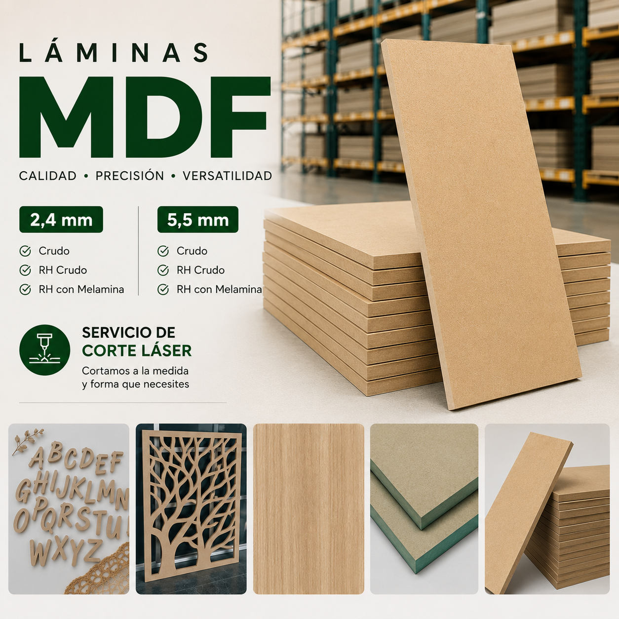 cortes en MDF crudo, RH o con melamina