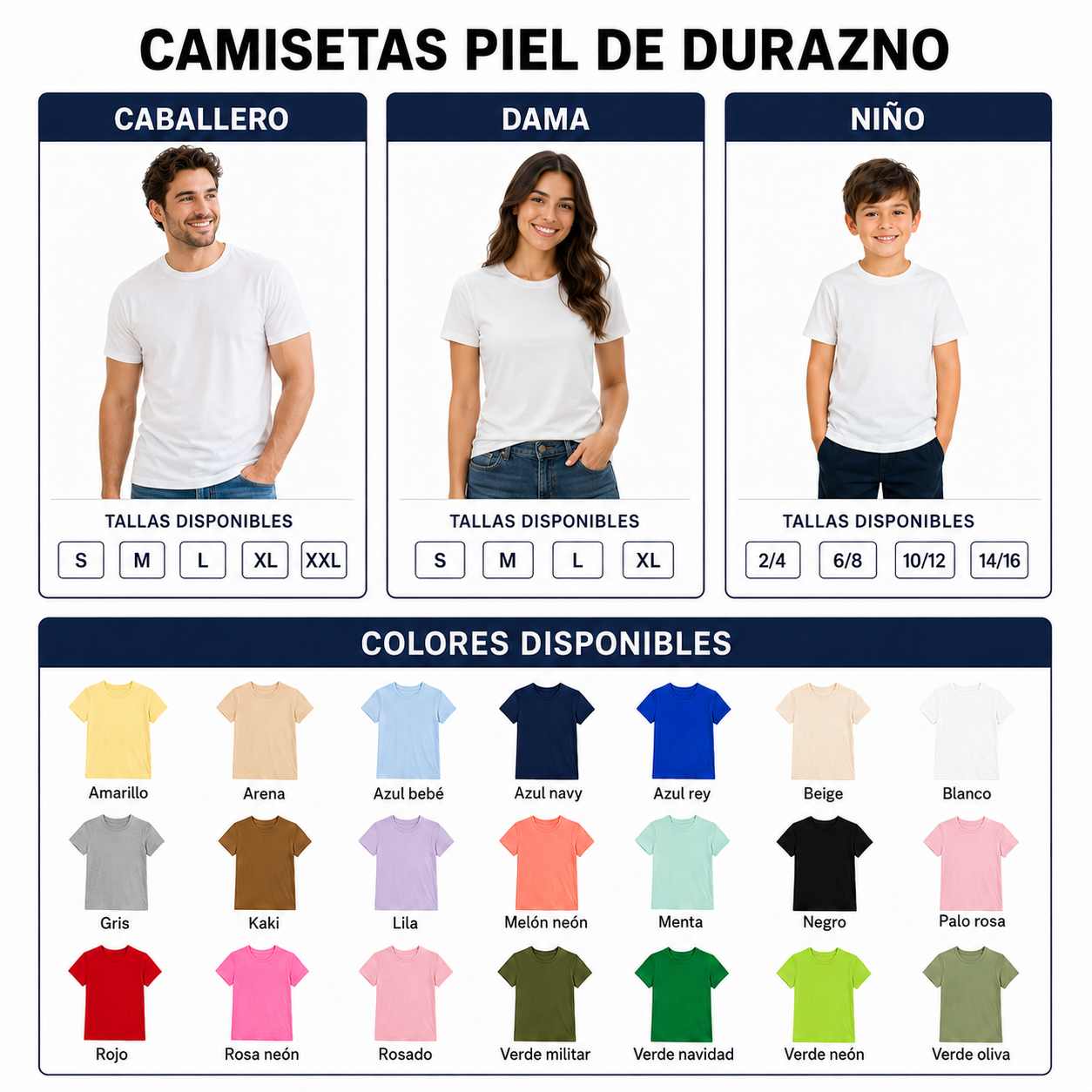 camiseta piel de durazno (dama,caballero,niño)