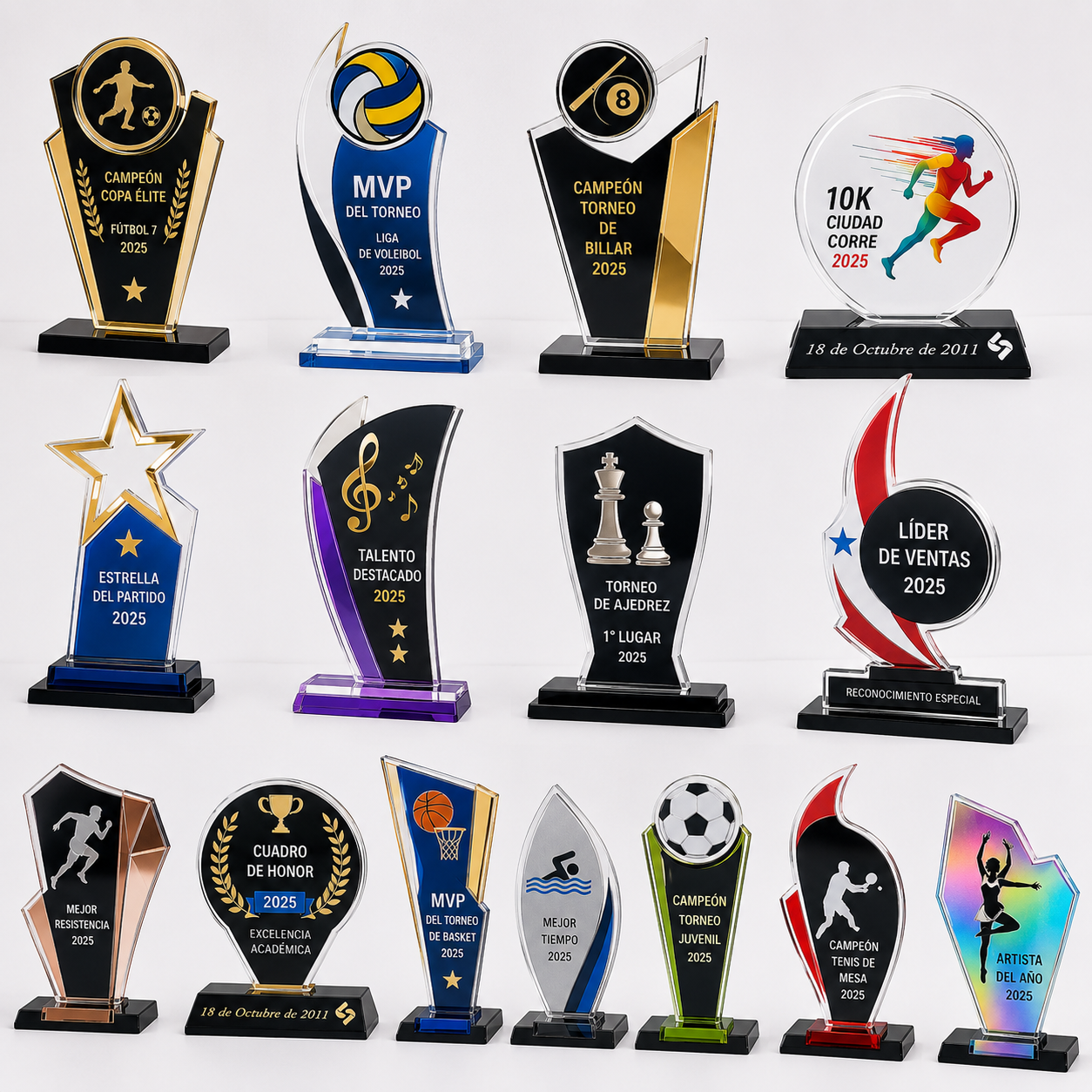 trofeos con impresión , acrílico , diferentes materiales, diseño personalizado
