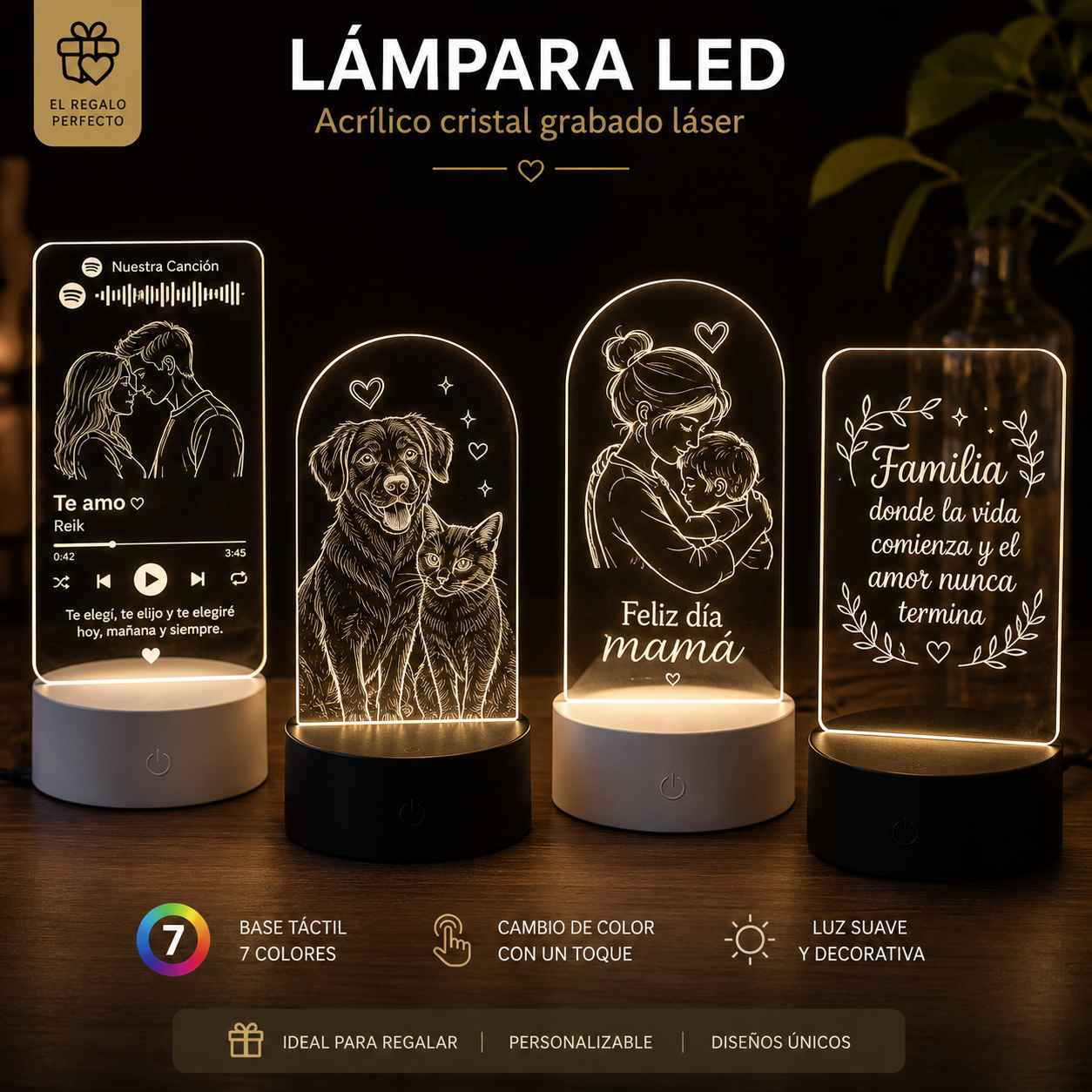 lampara led base plástica circular grabada sobre acrílico cristal personalizada