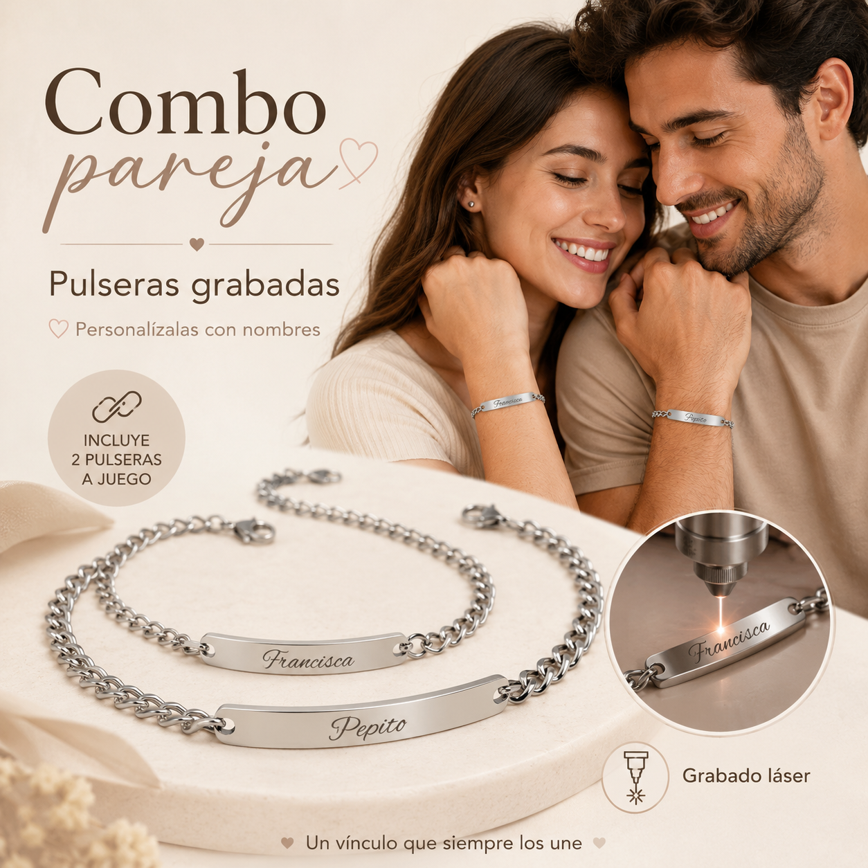 combo pareja pulsera incluye costo grabado laser