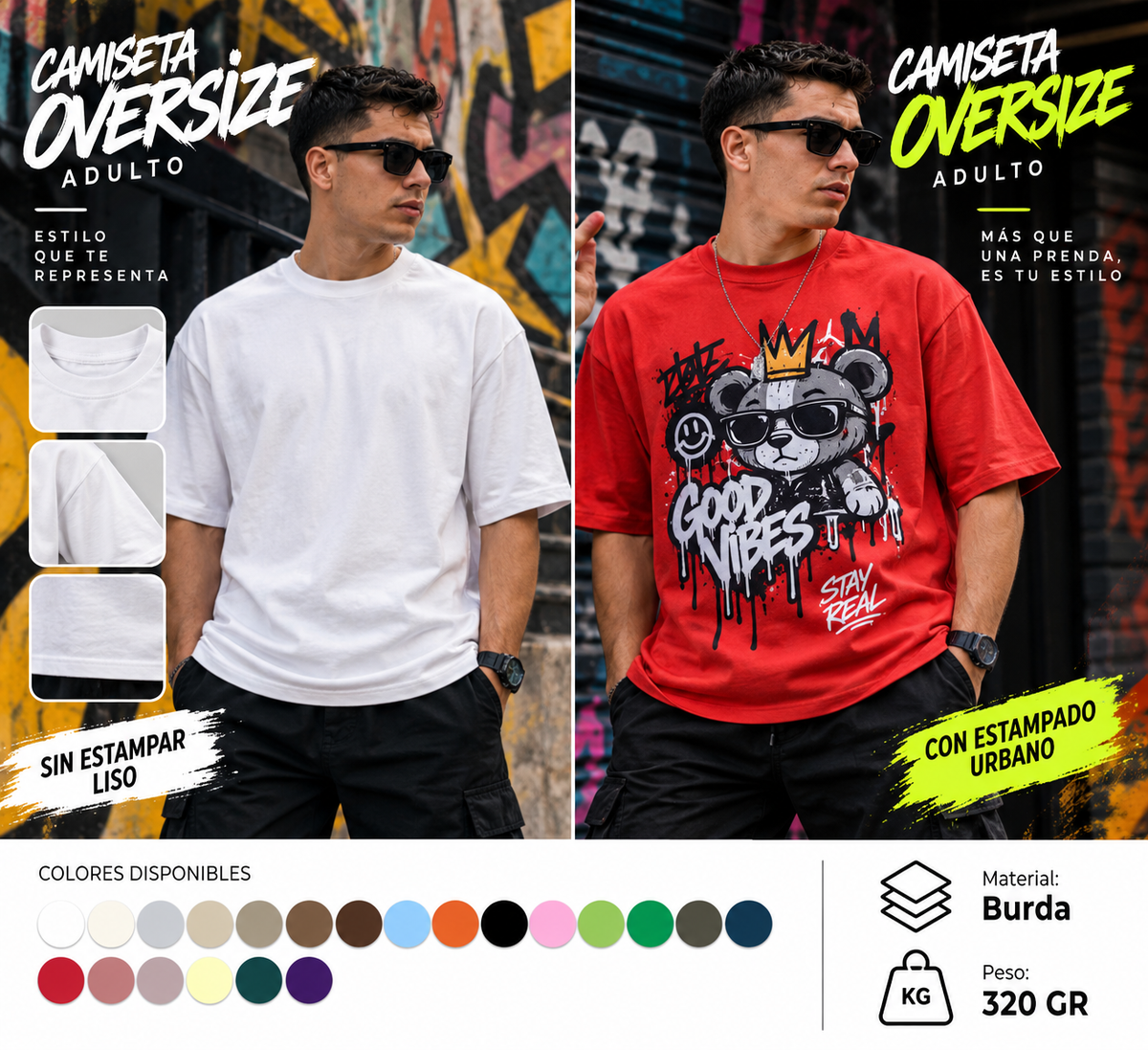 Camiseta Adulto Oversize s , m , l ,xl Material: 100% Algodón Peinado Peso: 160 GR