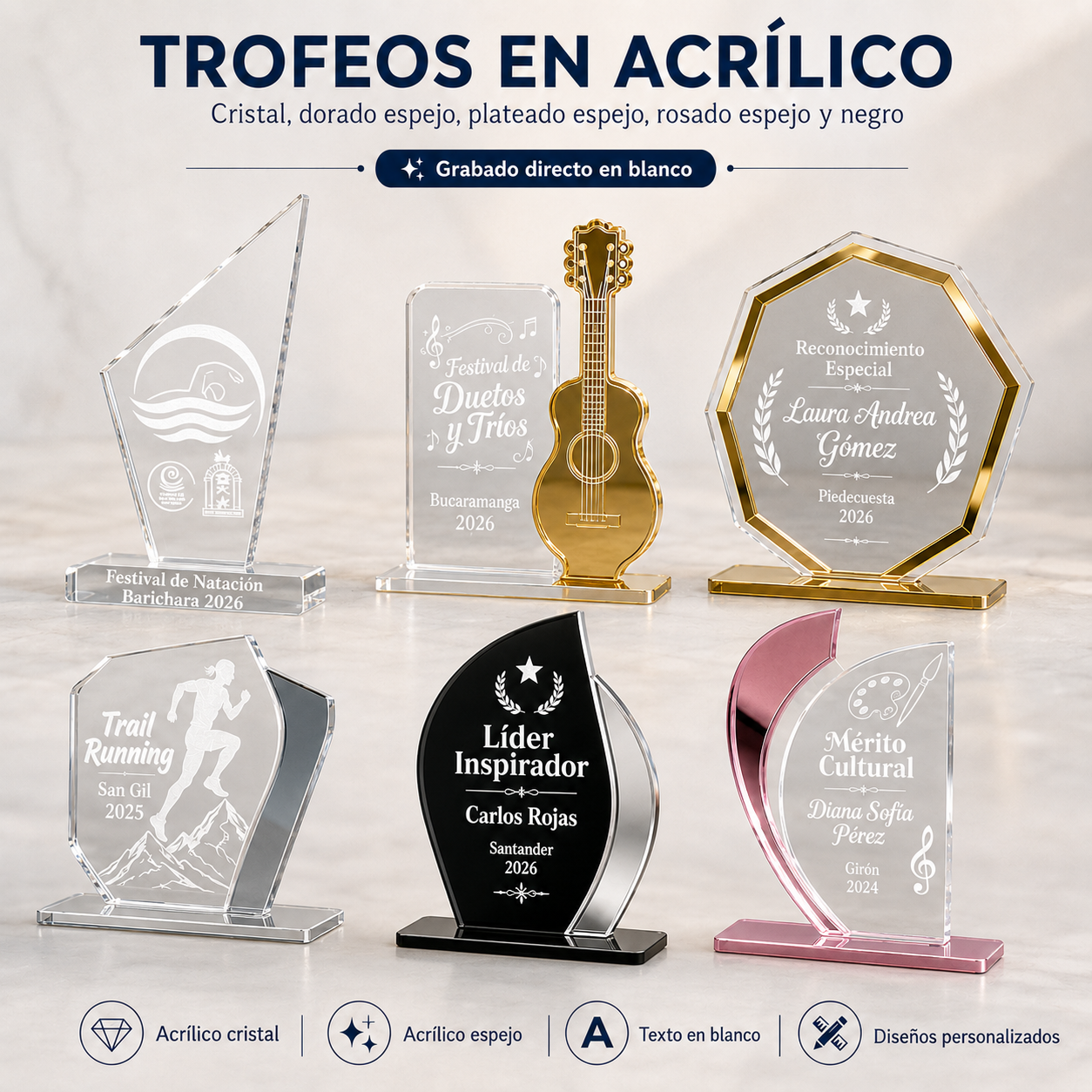 Reclnocimientos en acrilico cristal, acrilico espejo, acrilico negro